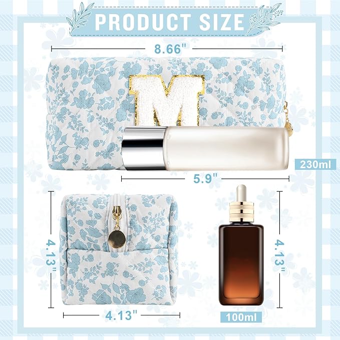 Personalized Quilted Cosmetic Bag, Puffy Monogrammed Christmas Birthday Gifts for Women & Girls, Cute initial Floral Makeup Bag Puffer Coquette Bag, Aesthetic Travel Toiletry Zipper Pouch(Blue,M)