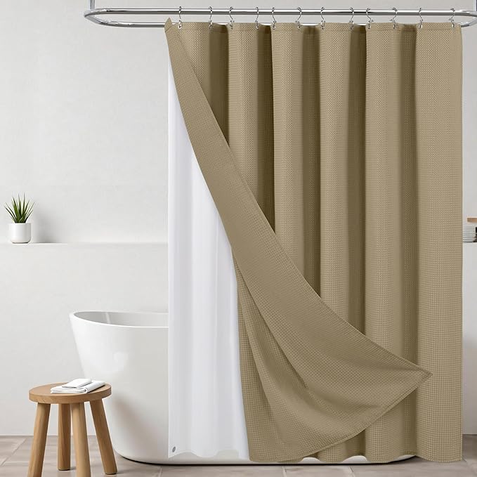 ROLIZOE 3-in-1 Waffle Texture Shower Curtain Set with TPU-Coated Waterproof Liner and 12 Upgraded Double-Sided Hooks, Well-Matched Sizes for a Seamless Fit – Khaki, 72" x 78"