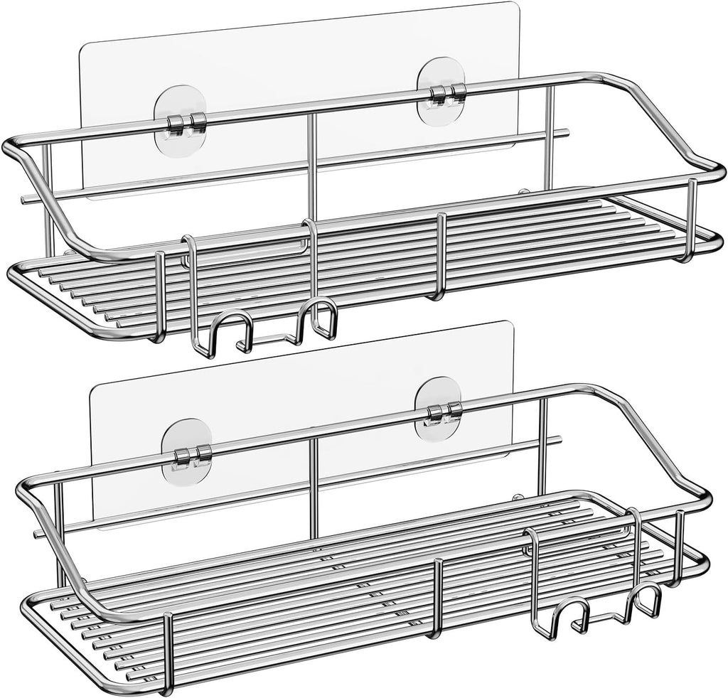 Nieifi Shower Caddy Shelf Storage Rack Adhesive Without Drilling Stainless Steel with Hooks for Washroom, Lavatory, Restroom, Toilet, Bathroom, Kitchen - 2 Pack