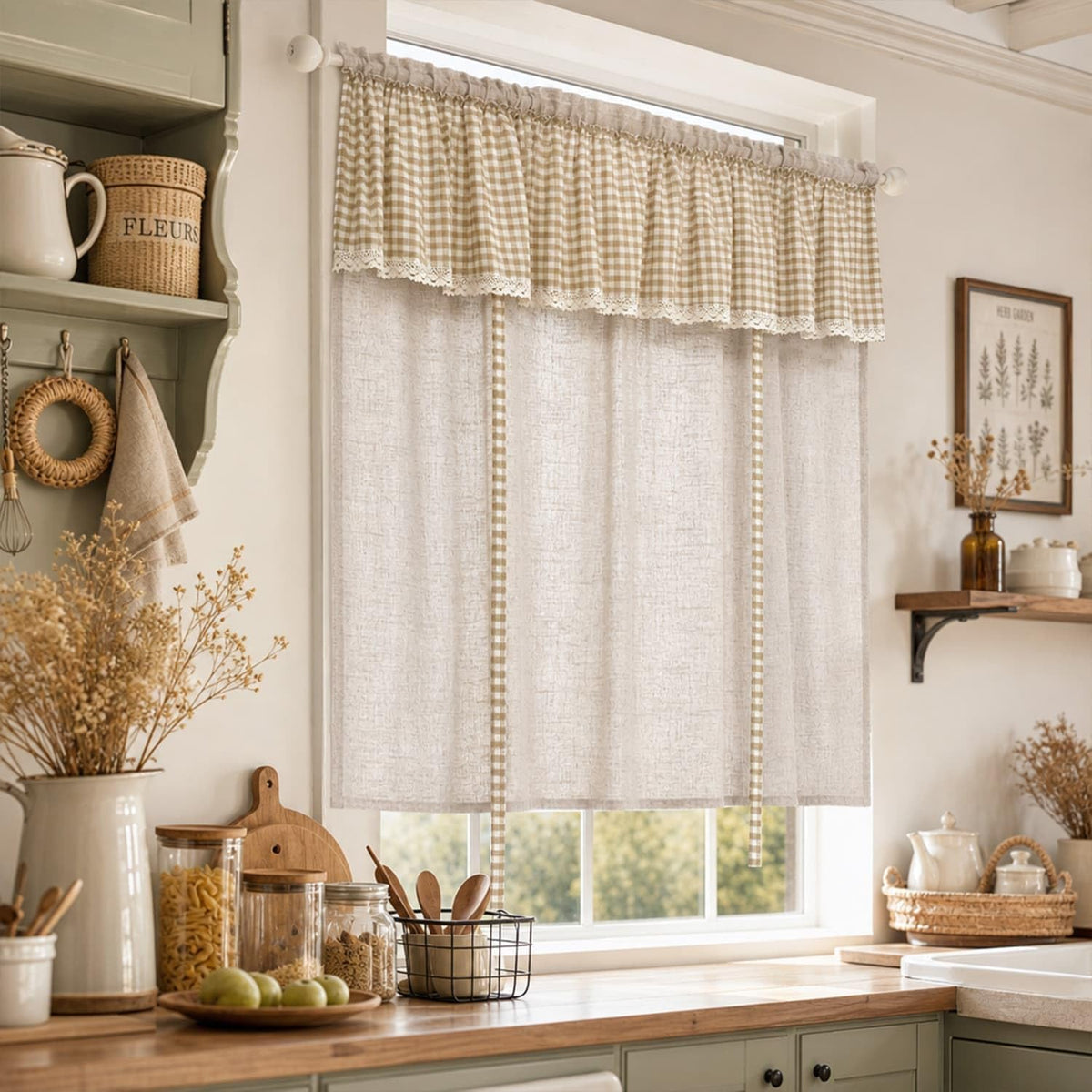 1 Panel Rod Pocket Tie Up Roman Curtain Khaki Gingham Lace Valance | Top Linen Blend Adjustable Lift Cafe Curtain, Light Filtering Privacy Short Window Curtain for Kitchen Farmhouse W55 x L63 in