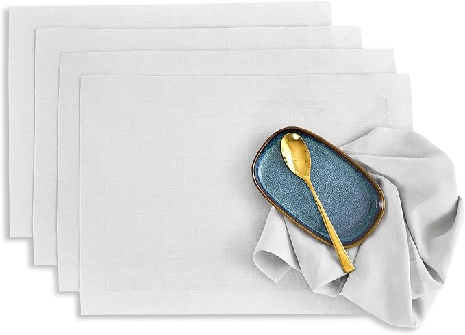 Solino Home Linen Placemats Set of 4 - Silver Cloud Placemats 14 x 19 Inch - 100% Pure Linen Table Place Mats for Winter - Fete