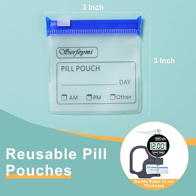 Serfeymi 48 Pcs Pill Pouch Bags for Travel Reusable Plastic Bags 3x3 Inch 12 mil (Double Sided) Translucent Zippered Pill Pouches for Medicine with Slide Lock & Writable Label, 1 Pc Marker-Green+Blue