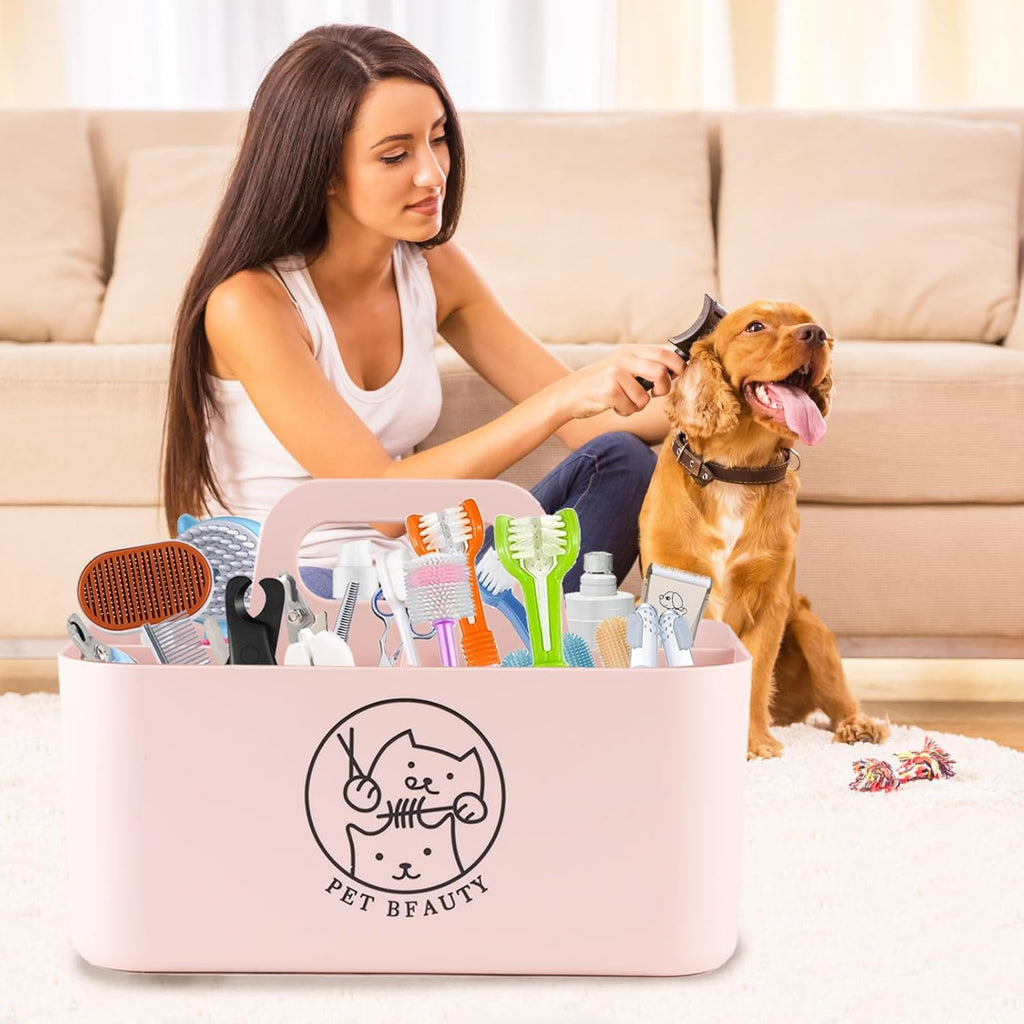 5-Compartment Pink Dog Stuff Storage Caddy for Grooming Supplies, Portable Organizer with Handle