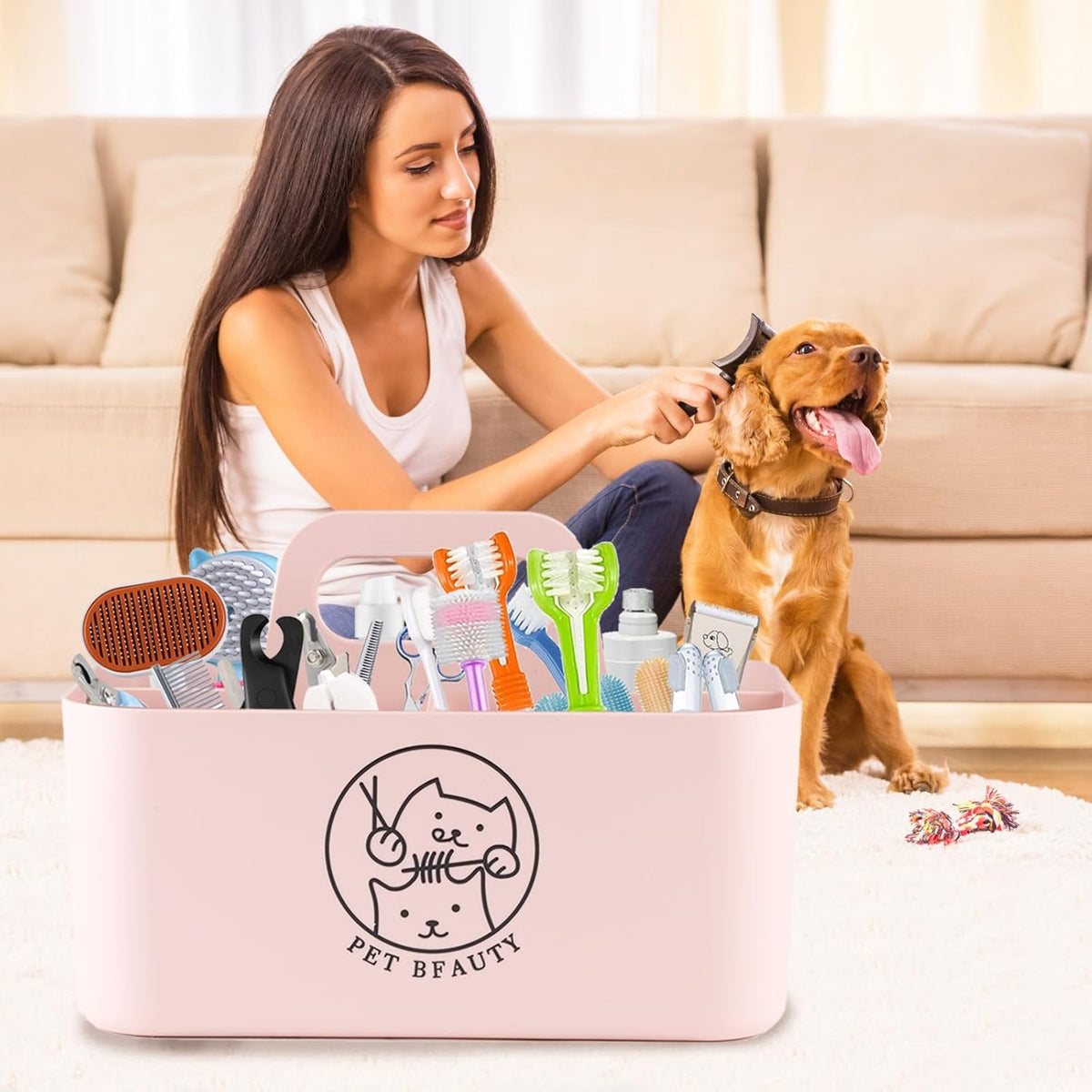 5-Compartment Pink Dog Stuff Storage Caddy for Grooming Supplies, Portable Organizer with Handle
