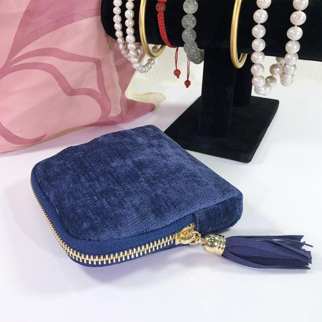 Travel Jewelry Case, Portable Jewelry Storage Bag, Compact Foldable Five Compartments Organizer Pouch with Zipper & Tassel for Earring Necklace Ring Bracelet (2pcs-D)