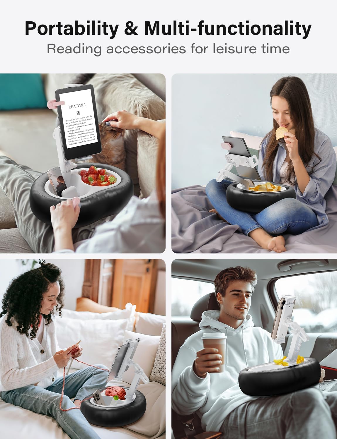Tablet Kindle Pillow Stand Holder with 2 Trays Fit 4''-13'' Phone/Tablet/Kindle iPad Holder Stand for Bed with Soft PU Leather Reading Accessories Gift for Reading, Black