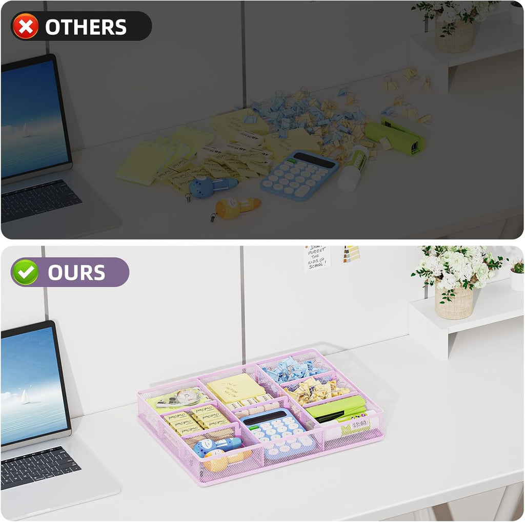Marbrasse Desk Drawer Organizer, Metal Mesh Drawer Organizer Tray with 5 Adjustable Compartments,Desk Organizers and Accessories for Home,Office,Kitchen,Makeup,Vanity (Purple)
