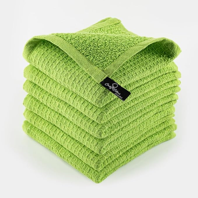 Kitchen Cleaning Dish Wash Cloths Waffle Terry Design Kitchen DishCloths|Washable 12x12 Cotton Dish Rags for Drying Dishes|Counter Top Barista Dust Wipes|Spring Easter Basket Decor| 6 Pc -Apple Green