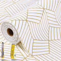 Shelf Liners for Kitchen Cabinets 17in x 40FT, Non Adhesive Cabinet Liner Strong Non-Slip Thickened Gold Geometric Drawer Liner, Easy to Clean for Shelf, Cabinet with Knife and Tape Measure