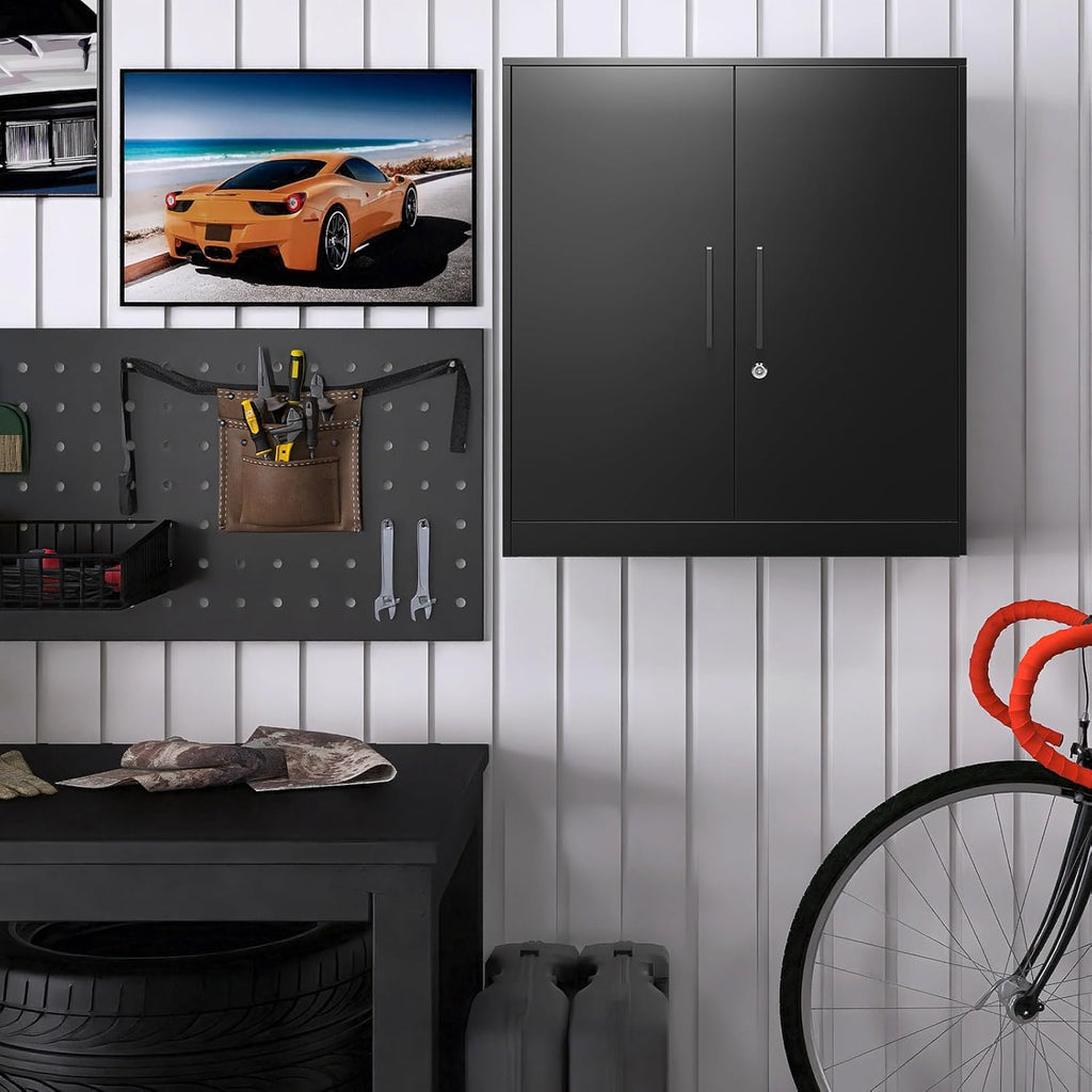 LUCYPAL Metal Storage Cabinets with 2 Doors and Handle,Steel Locking Storage Cabinet with Adjustable Shelves,Tool Cabinet for Office,Home, Garage (Black)