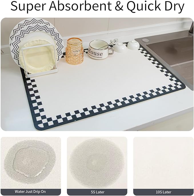 Drying Mat Kitchen Counter 24''x16'' Non-slip Coffee Mat Dish Drying Mat Fits Under Coffee Maker & Espresso Machine Dish Rack,Black White