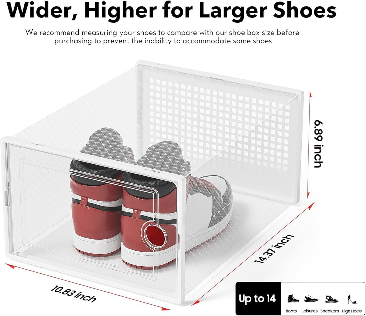 Kuject XX-Large Shoe Storage Boxes Organizers Clear Plastic Stackable 12 Pack, Shoe Rack & Holder Substitute, Sneaker Containers, Toy Storage Organizer Bins for Entryway, Closet, Under Bed, White