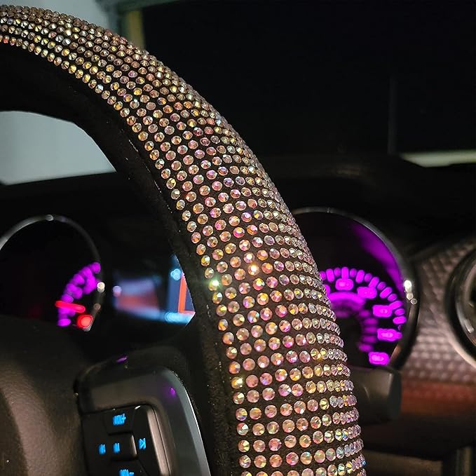 Car Bling Steering Wheel Cover for Women Girls 15 Inch Universal Colorful Crystal Rhinestone Diamond Rainbow Bling Accessories Anti Slip Wheel Protector Sparkling, Black