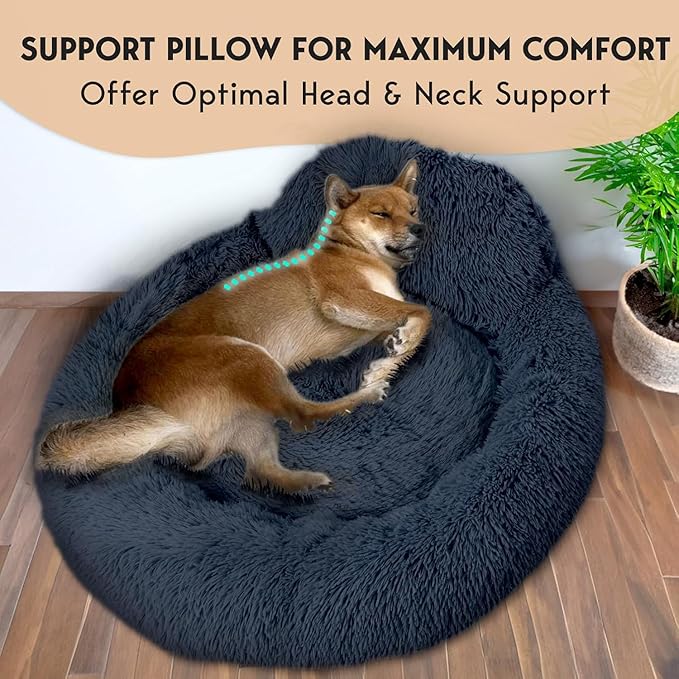 PetJett Calming Dog Bed Medium Size Dog - 30'' Donut Bed, Anti-Slip & Washable Super Soft Fluffy Plush Round Bed, Anti-Anxiety Premium Comfort Pet Bed, Fits Dogs up to 45 lbs - Dark Grey