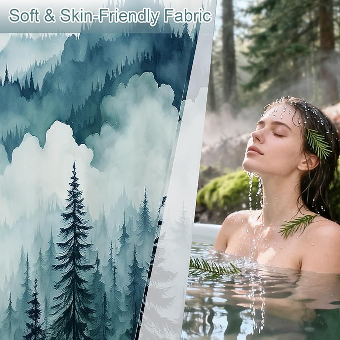 Litabel Peacock Blue Long Misty Pine Forest Shower Curtain 72 x 78, Mountain Foggy Woodland Scenery Tree 78 Inch Long Shower Curtains for Bathroom, Abstract Waterproof Nature-Themed Decor
