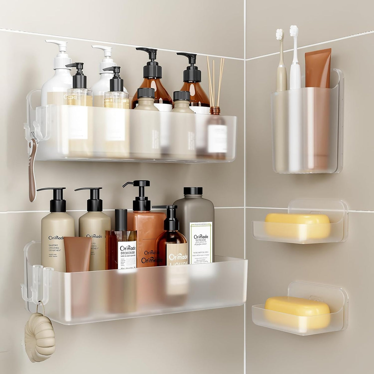 Orimade Shower Caddy 5-Pack, No-Drill Adhesive Shelves for Bathroom, Rustproof ABS Storage Organizer Set, Clear