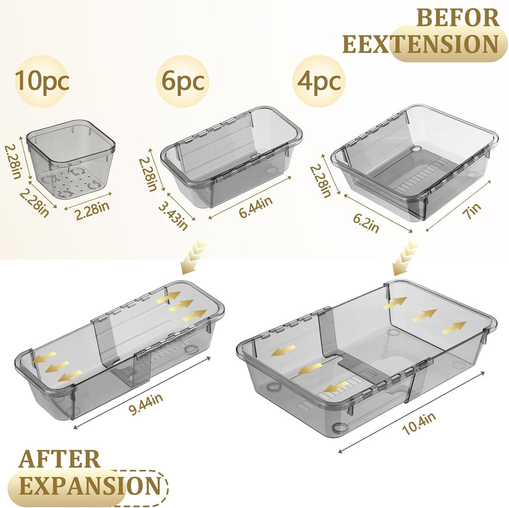 20 Pcs Adjustable Clear Drawer Organizer, Extendable Vanity Storage Bins, Desk Drawer Organizer Set for Makeup, Cosmetics, Bedroom, and Gadgets, Black