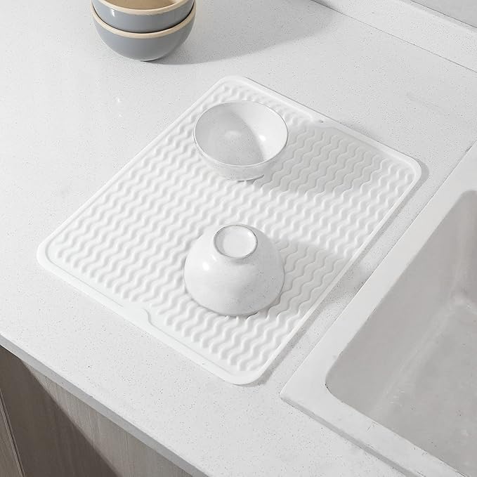 Silicone Dish Drying Mat for Multiple Usage,Easy clean,Eco-friendly,Heat-resistant Silicone Mat for Kitchen Counter or Sink,Refrigerator or drawer liner White L 16 inches x 12 inches