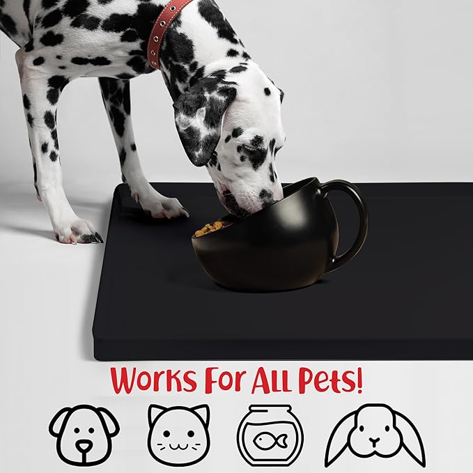 DogBuddy Dog Food Mat – Waterproof Dog Bowl Mat for Food and Water, Silicone Pet Feeding Mats for Floors, Non-Slip Placemat with High Edges for Dogs Bowls, Puppy Essentials (XL: 28" x 18", Black)