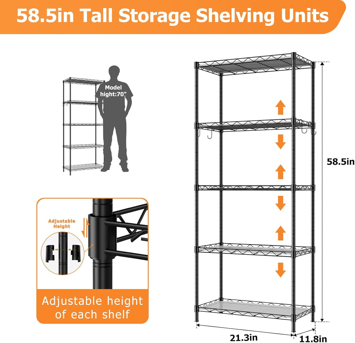 Storage Shelves,21.3" W x 11.8" D x 58.5" H Wire Shelving Unit Loads 550LBS,5-tier Adjustable Metal Utility Shelf,Garage Shelves with Liner and Hooks,Home Storage Rack for Kitchen,Laundry,Pantry