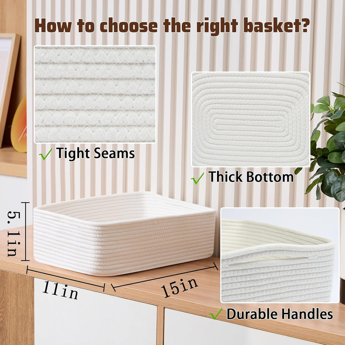 Large Shallow Organizing Baskets 15x11x5.1 Inches - Rope Woven Storage Bins for Bathroom, Shelves, Cube Closet, Off White 2 Packs