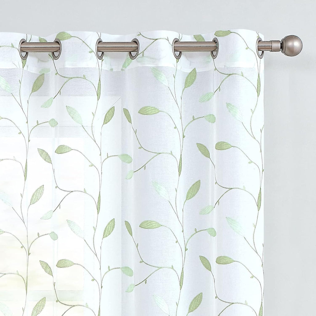 Embroidered Sheer Curtains Floral Leaf White Sheer Curtain for Bedroom Living Room Kitchen Rustic Voile Drapes Privacy Window Treatment Set of 2 Panels 96 Inches Long Grommet Top Green on White