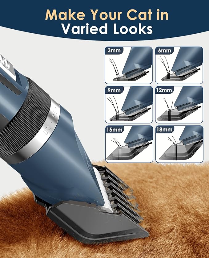 oneisall Quiet Cat Clippers for Matted & Long Hair, 2-Speed Cordless Pet Shaver Grooming Kit for Cats, Small Dogs & Animals (Blue)