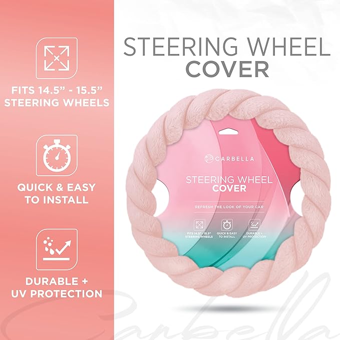 Carbella Twisted Fur Soft Pink Steering Wheel Cover, Standard 15 Inch Size Fits Most Vehicles, Fuzzy Fluffy Car Steering Cover with Soft Faux Fur Touch, Car Accessories for Women