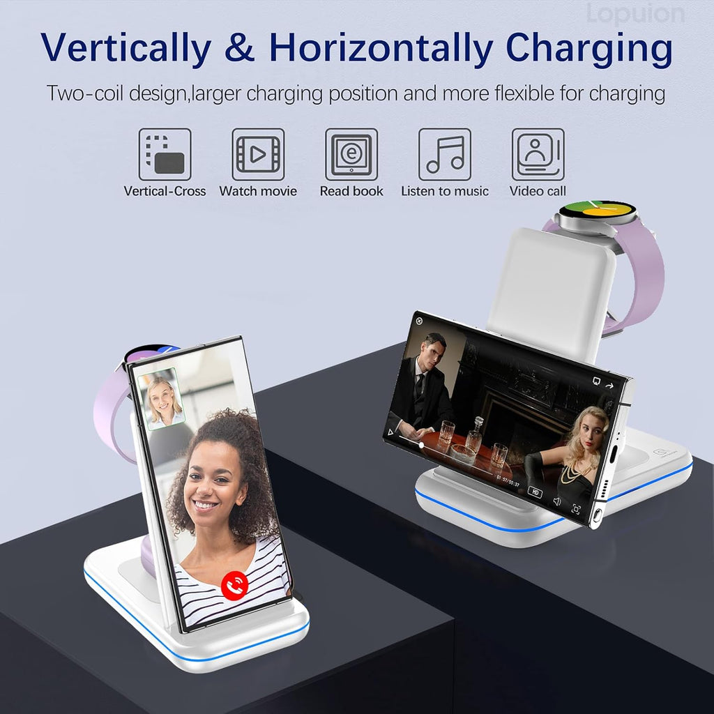 Wireless Charging Station for Samsung/Android, Fast Wireless Watch Charger Station Compatible for Samsung Galaxy S25 Ultra/S24/S23+/Z Flip 7/6 Fold 7/6, Watch8/7/Pro/Active 2 Galaxy Buds3/2 Pro(White)