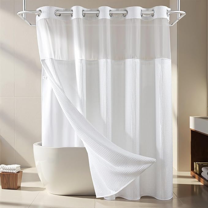 River Dream White Fabric Shower Curtain Set, Cotton Blend, Waffle Weave, with Snap in Replacement Liner，71 x 74 inches
