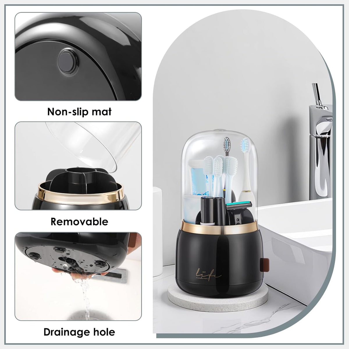 EXIN DECHEN Toothbrush Holders with Cover for Bathrooms, 360° Rotating 7-Slot Draining Water for Placing Kids Electric Toothbrushes,Toothpaste,Razors,Bathroom Counter Dresser Vanity Organizer(Black)