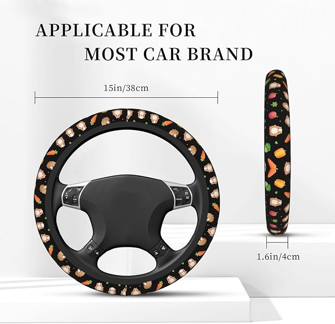 Guinea Pig and Carrots Neoprene Steering Wheel Covers Women Men Car Accessories, Universal 15 Inch Fit Auto, Suvs, Truck
