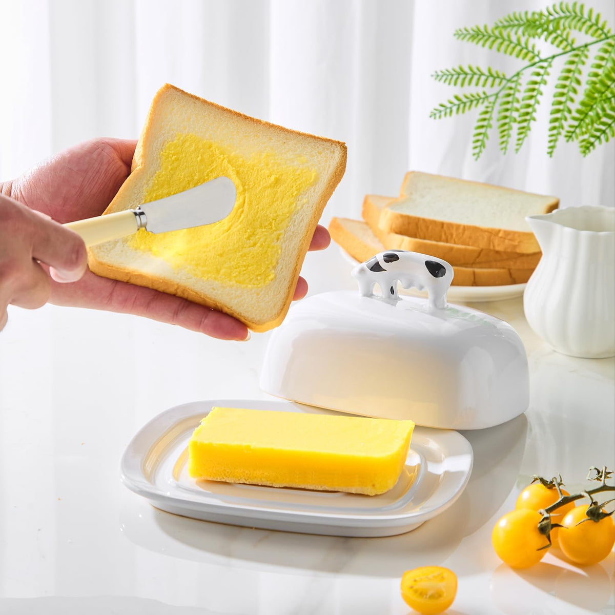 Butter Dish with Lid for Countertop, 7.8" x 6.3" Large Ceramic Butter Keeper Container with Cow Handle, White Butter Holder Tray for East West Coast Butter Stick, Microwave & Dishwasher Safe