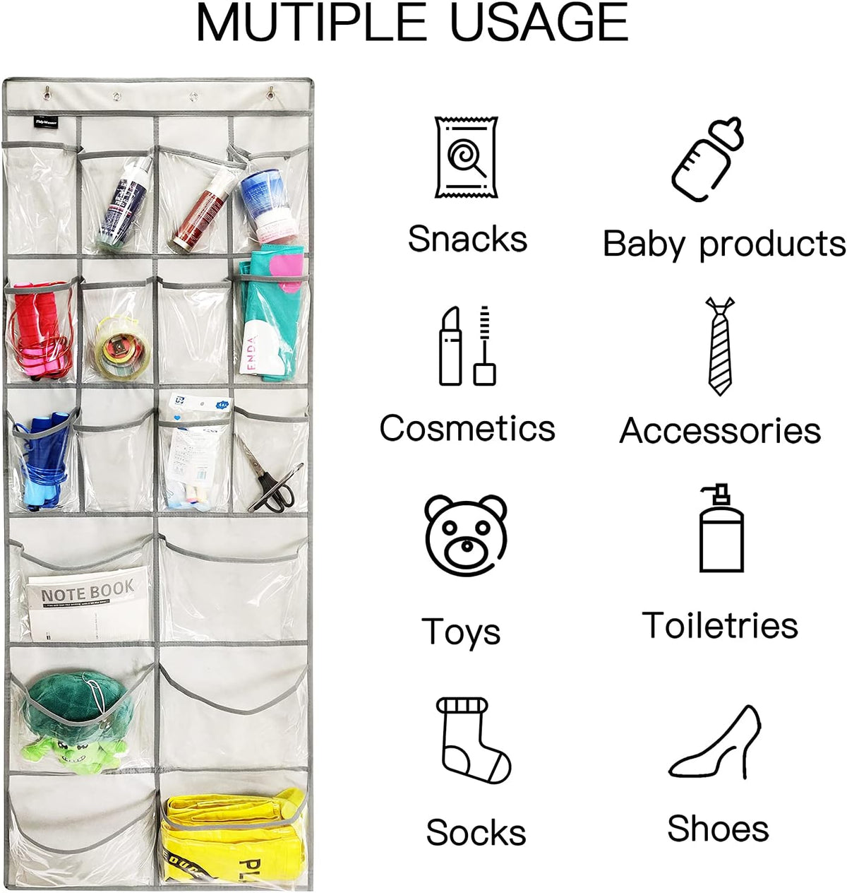 2 Pack Extra Large Hanging Crystal Clear Over Door Shoe Organizers, Closet Shoe Rack Organizer, 12+6 Pockets, 8 Hooks, Grey (59" x 21.6")