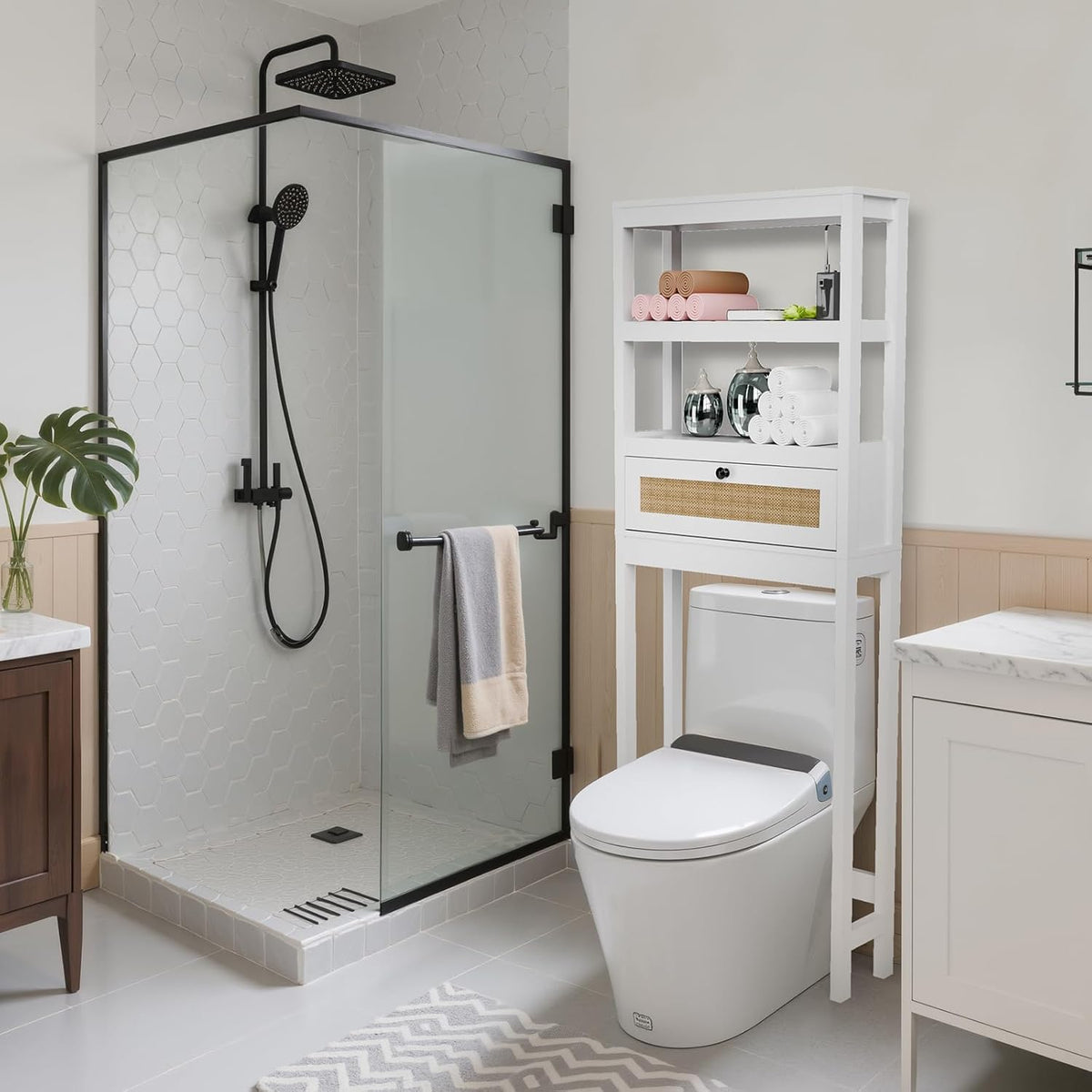 Over The Toilet Storage Cabinet, Behind Toilet Bathroom Organizer with Adjustable Shelves, Above Toilet Organizers with Rattan Door, Space Saver for Restroom, Bathroom, Laundry