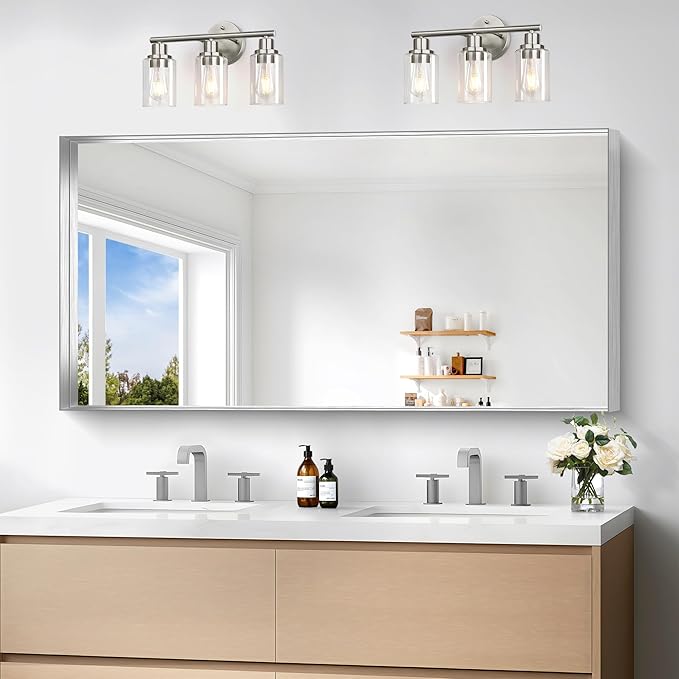 Silver Bathroom Mirror, 24x48 Inch Rectangular Framed Mirror, Large Wall