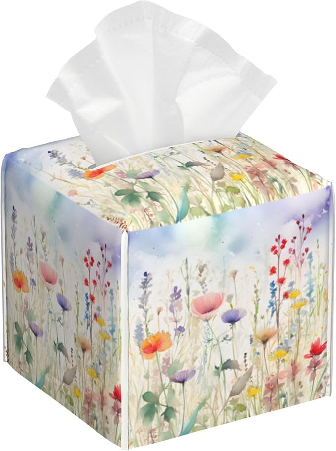Watercolor Flower Tissue Box Cover Square,Colorful Flowers Tissue Box Holder Waterproof Leather Facial Paper Organizer Dispenser for Bathroom Home Car Nightstand Vanity Desk