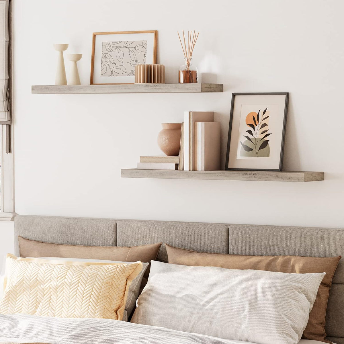 HOOBRO Floating Shelves for Wall, Wall Mounted Shelf Set of 2, 39.4" Hanging Shelf with Invisible Brackets, for Wall in Bathroom, Bedroom, Toilet, Kitchen, Living Room, Office, Greige BG100BJP201