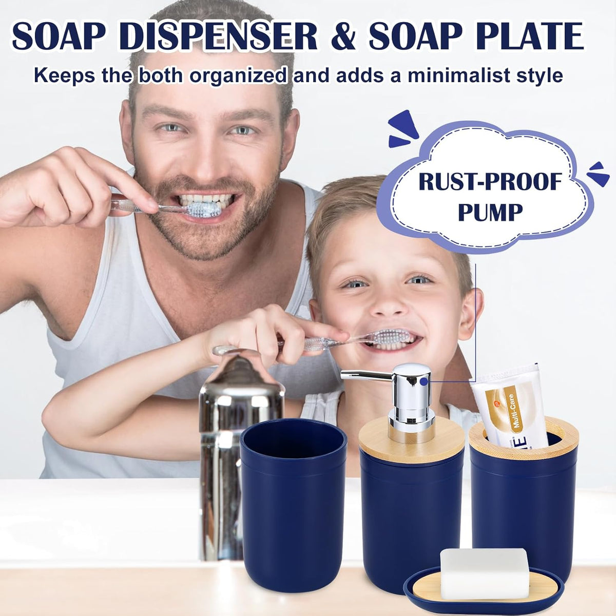 iMucci Bathroom Accessories Set Navy Blue Bathroom Decor Sets with Trash Can,Toilet Brush,Toothbrush Holder, Lotion Soap Dispenser, Soap Dish,Toothbrush Cup,Vanity Tray,Qtip Holder