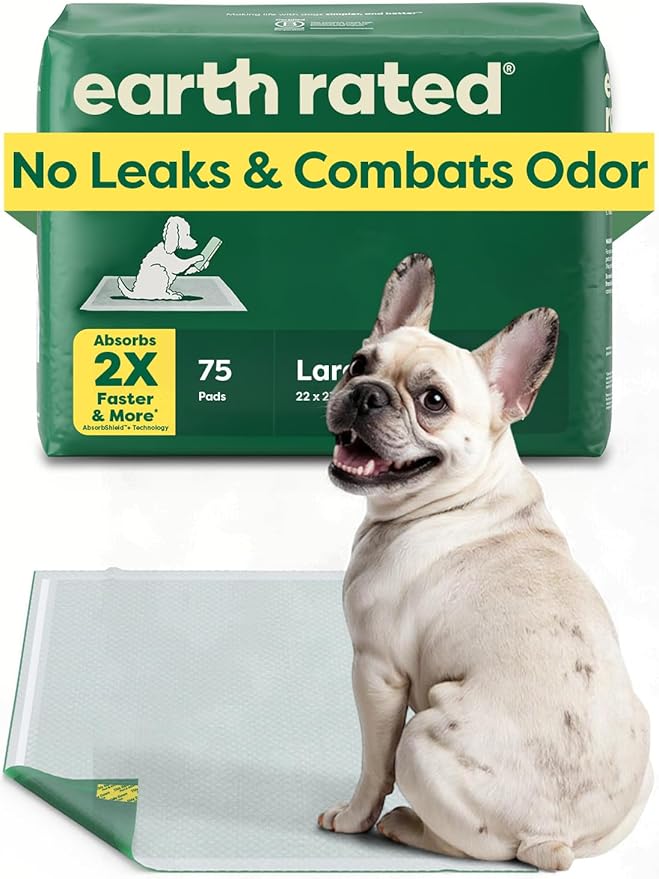 Earth Rated Max Absorbency Puppy Pee Pads for Dogs Absorbs 2X Faster & 2X More, Leak-Proof, Odor Control Potty Training, Unscented, Large, 22” x 23”, 75 Count