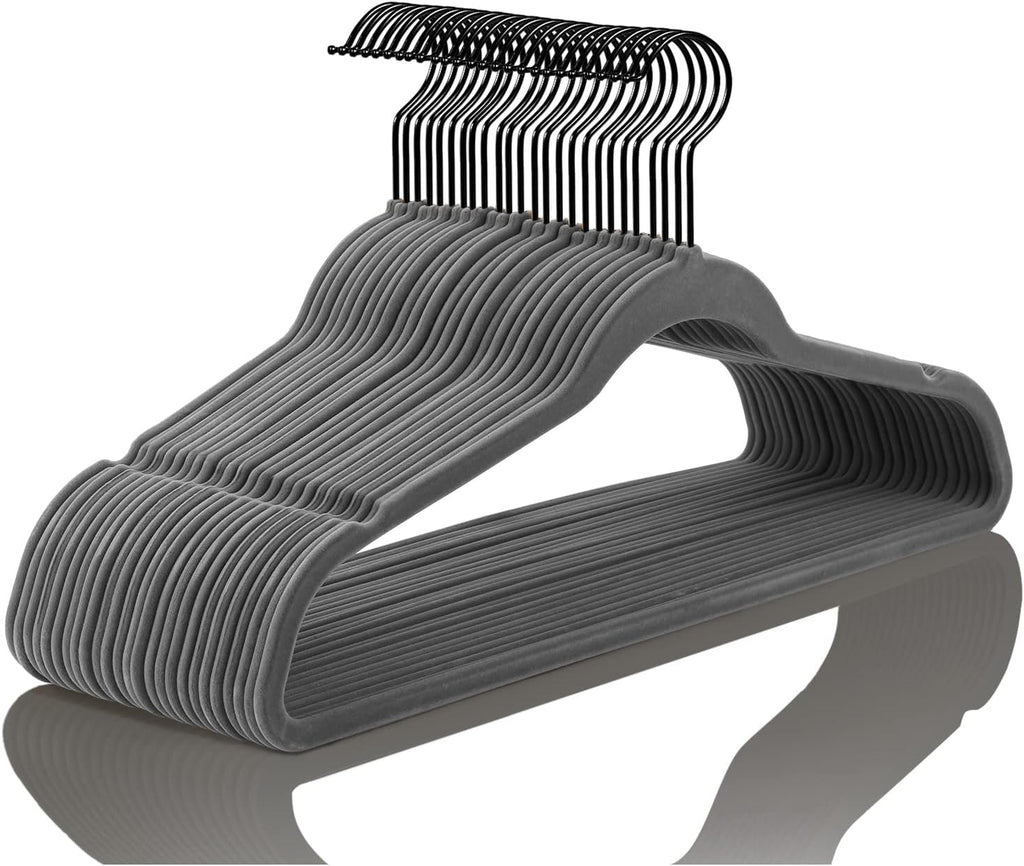 MIZGI Premium Velvet Hangers (50 Pack) Heavy Duty - Non Slip Felt Hangers - Velvet Suit Hanger Gray - Black Coated Hooks,Space Saving Clothes Hanger