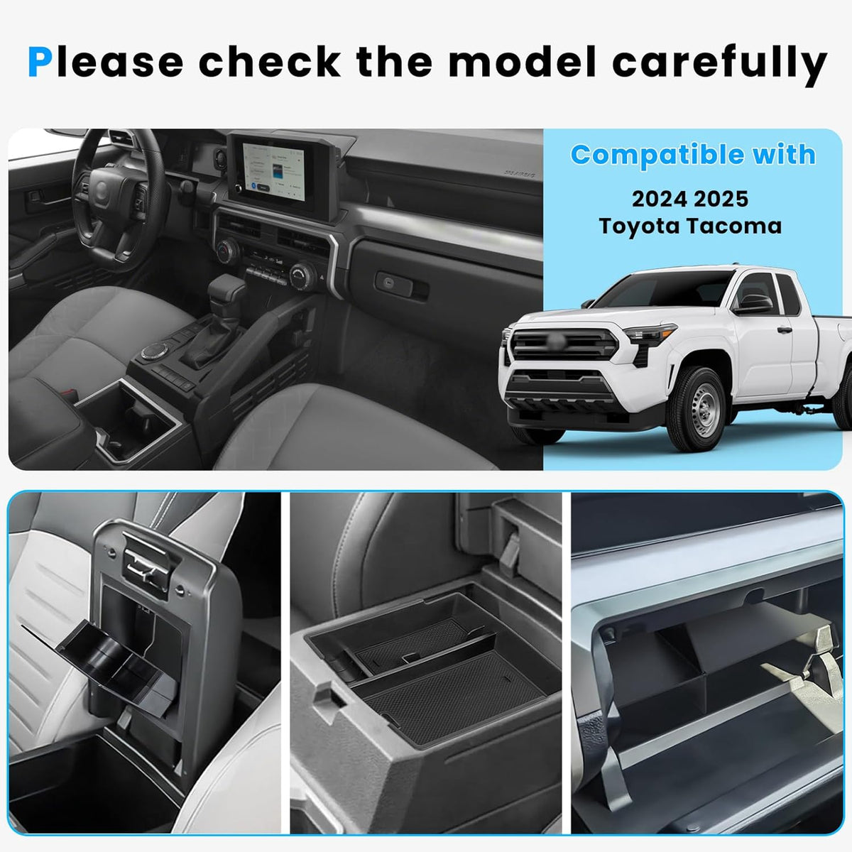 3PCS Center Console Organizer Compatible with 2024 2025 Toyota Tacoma Hidden Storage Tray Armrest Storage Tray Glove Box Compartment Insert Divider Interior Accessories
