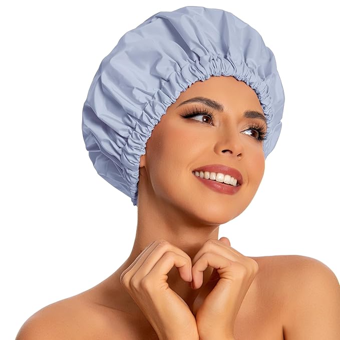 Reusable Shower Cap for Women, Large Waterproof Shower Essentials Bonnet Washable Elastic Band Bath Hair Wrap Hat for Long Hair, Braids(Gray)