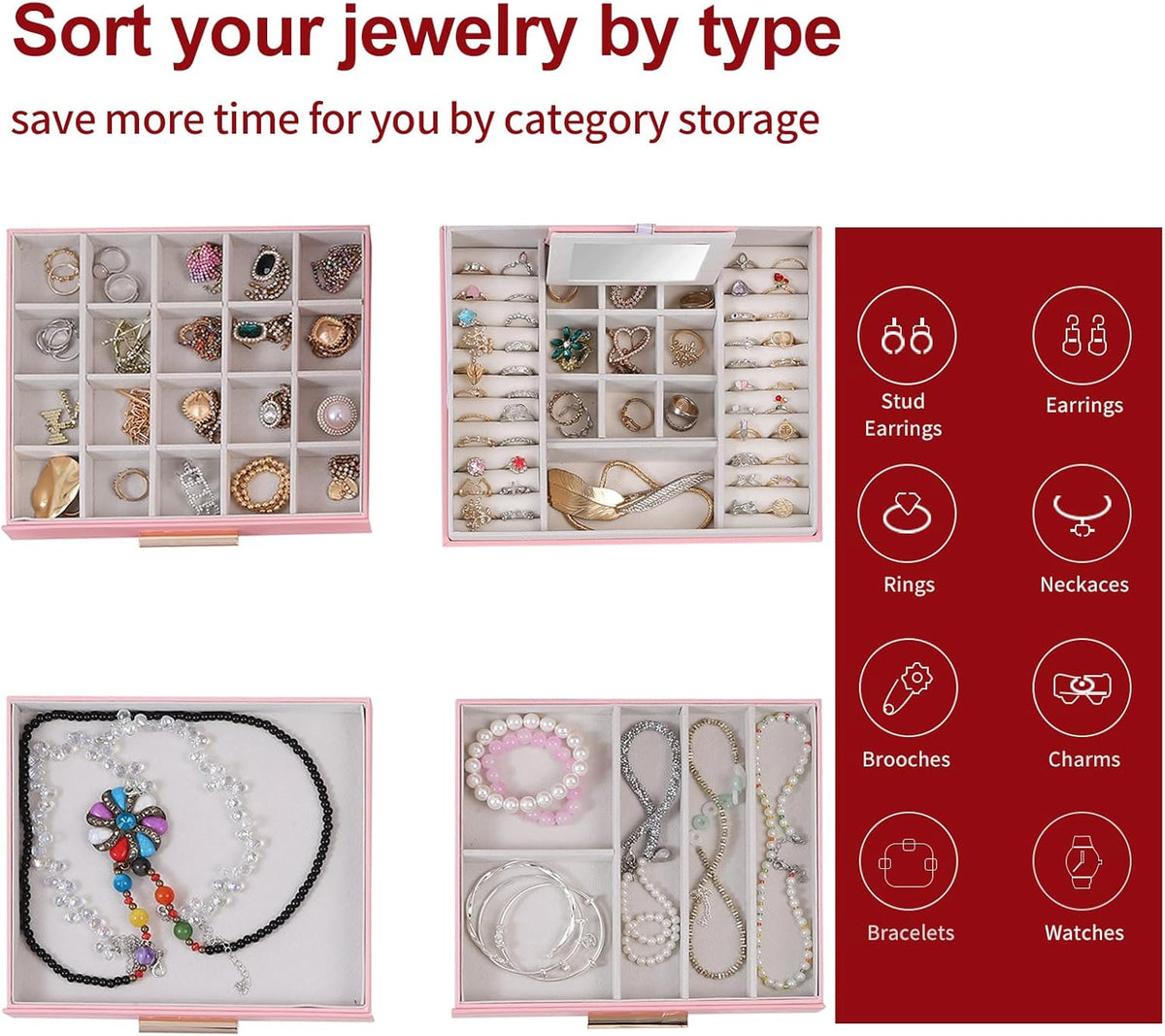 BOOVO Clear Lid Jewelry Box,4 Layers Jewelry Organizer Large Jewelry Storage Box with 3 Drawers,Jewelry Holder Organzier of Rings Earrings Necklace Bracelets for Women (Pink, 4 Layer)