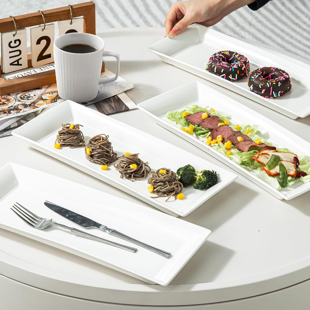 Rectangular Ceramic Serving Platters Set of 4, 14 inch Large Porcelain Serving Plates, White Appetizer Trays, Dishwasher Safe Plates for Steak, Charcuterie, Thanksgiving Turkey, Desserts