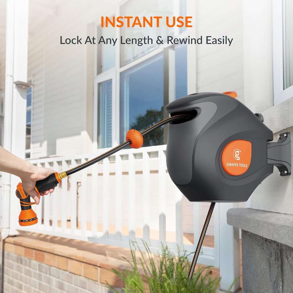 Giraffe Tools BW35 Retractable Garden Hose Reel | Wall-Mounted, Automatic Rewind, 100ft 1/2" Hose with 9-Pattern Spray Nozzle | Outdoor, Lawn, Garden & Car Cleaning Use