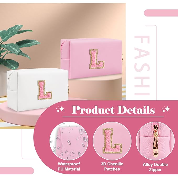 Personalized Initial A-Z Preppy Patch Makeup Bag,Small PU Leather Chenille Letter Cosmetic Bag with Zipper for Teen Girls,Pink Cute Travel Toiletry Bag,Birthday Monogrammed Gift for Daughter,Letter L