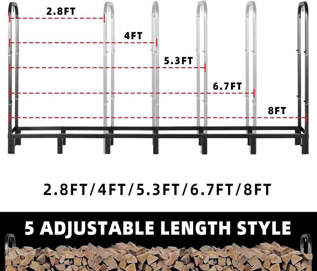 8FT Firewood Rack Outdoor with Cover, Heavy Duty Adjustable Firewood log Storage & Holder, Wood Pile Lumber Storage Rack Stacking Outside for Courtyard Patio.