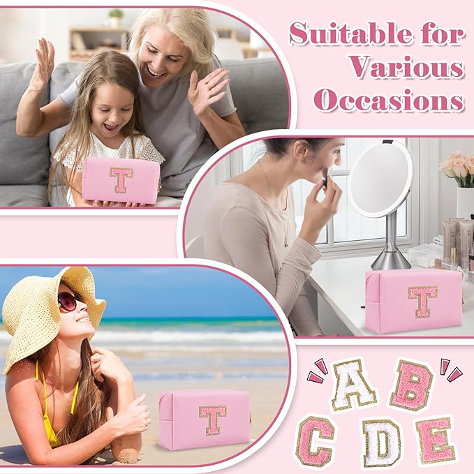 Personalized Initial A-Z Preppy Patch Makeup Bag,Small PU Leather Chenille Letter Cosmetic Bag with Zipper for Teen Girls,Pink Cute Travel Toiletry Bag,Birthday Monogrammed Gift for Daughter,Letter T