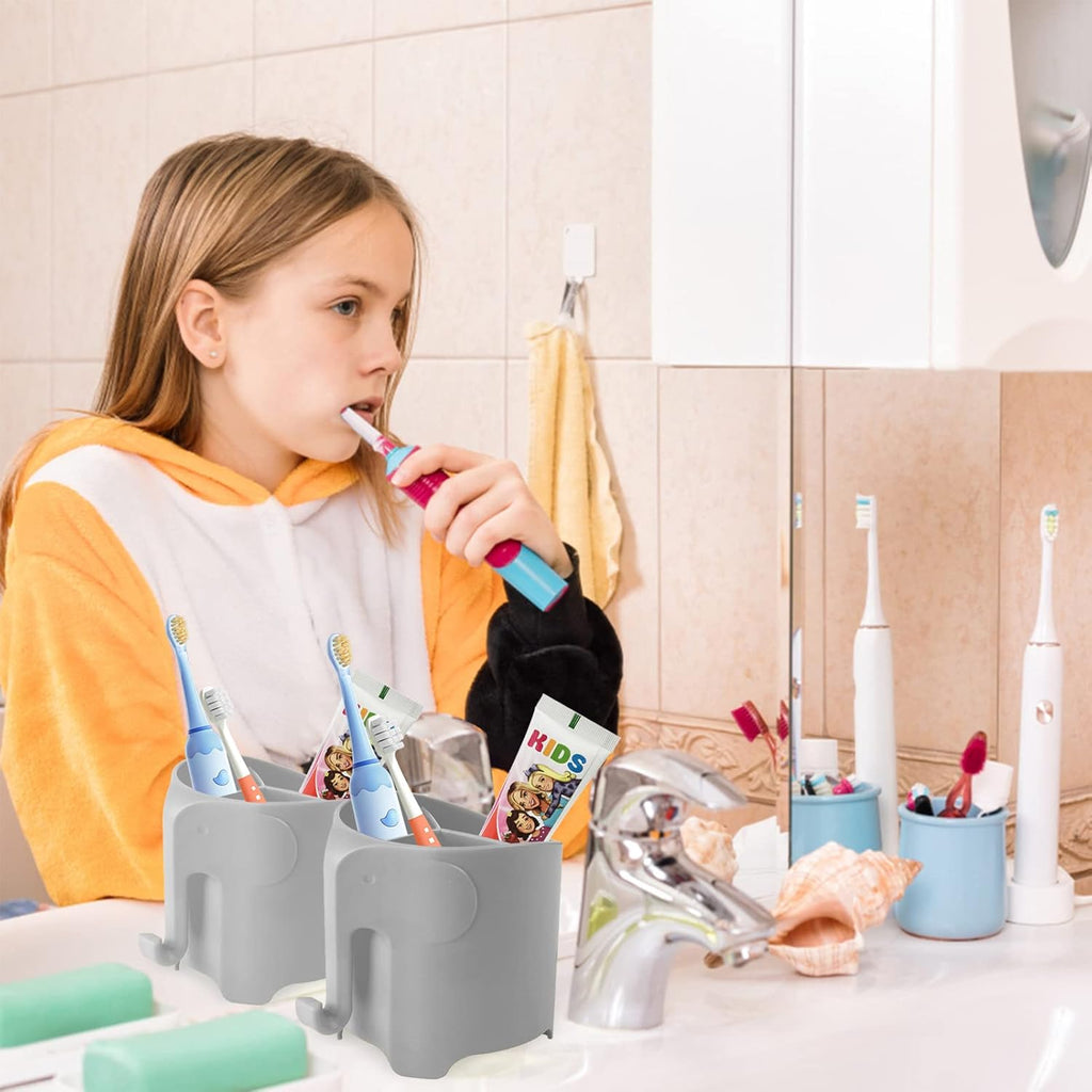 Kids Toothbrush Holder, Cute Elephant Toothbrush Holders for Toddler, Toothbrush Toothpaste Holder for Bathroom, Toothbrush Organizer with 3 Slots and a Hook, Grey